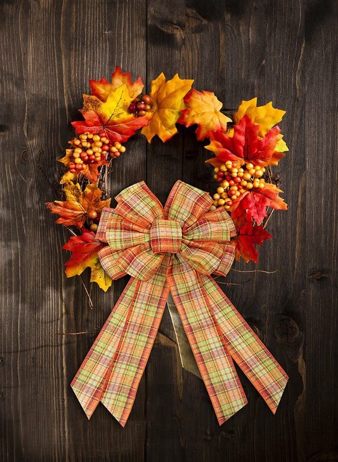 ABTOLS Large Fall Bow Wreath Autumn Thanksgiving Yellow Orange Plaid Bows for Farmhouse Wreath Indoor Outdoor Holiday Party Door Wall Decoration - Image 4